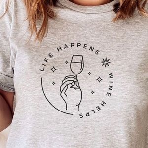 “Life Happens ,Wine Helps” Heathered Gray Women’s Tee